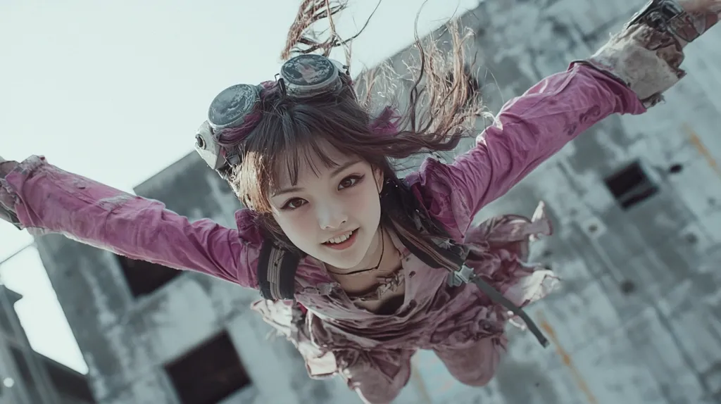 Here's a description of the image:

The photo shows a young girl, seemingly in a post-apocalyptic setting,  suspended in mid-air.  She's wearing a tattered, dusty pink dress and goggles, her dark hair flying wildly.  Her expression is one of a playful defiance.  The background is a dilapidated, grey building, suggesting a scene of ruin or destruction. The overall tone is a blend of grit and ethereal beauty, hinting at a narrative of resilience and perhaps a fantastical element.  The low angle shot emphasizes her youth against the backdrop of decay.