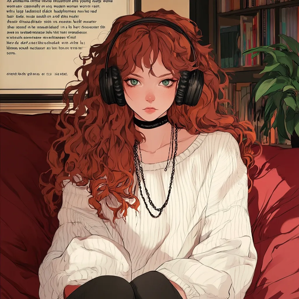 Here is a description of the image:

The illustration depicts a young woman with vibrant, curly auburn hair, wearing oversized black headphones.  She has striking green eyes and a serious expression. Her attire consists of a cream-colored, loosely-knitted sweater and dark leggings.  She wears delicate necklaces and a thin choker. The background suggests a cozy, dimly lit room with bookshelves and a plant, creating a relaxed and intimate atmosphere. The art style is reminiscent of anime or manga, with soft shading and detailed features.