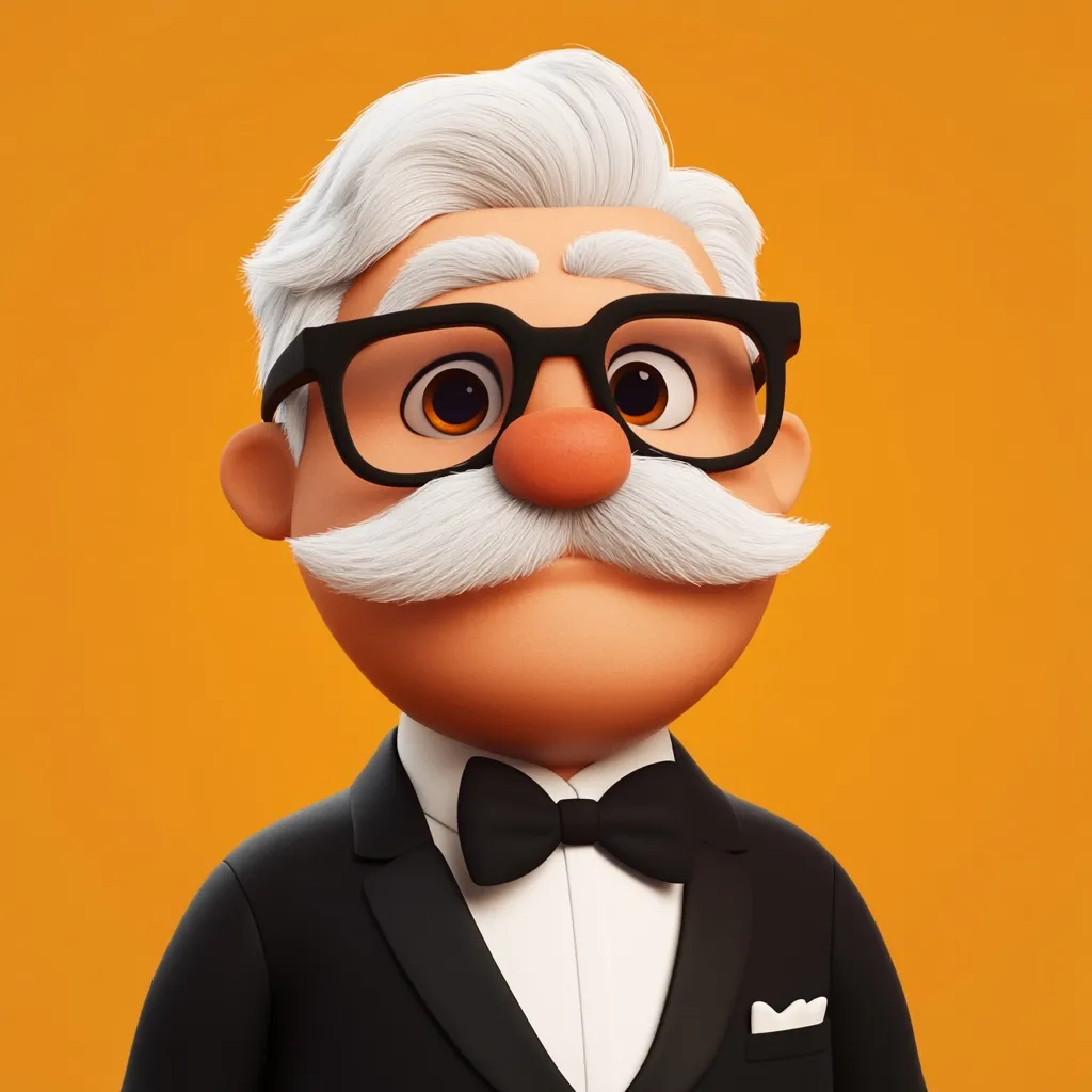 Here's a description of the image:

The image shows a stylized 3D rendering of an elderly gentleman.  He has a jovial expression, complete with thick, white, handlebar mustache and neatly combed white hair.  He wears large, round glasses and a classic black tuxedo with a bow tie, adding to his distinguished appearance. His skin is smooth, and his features are exaggerated for a cartoonish effect, giving him a friendly and slightly comical look. The background is a solid, warm orange. The overall style is cheerful and playful.