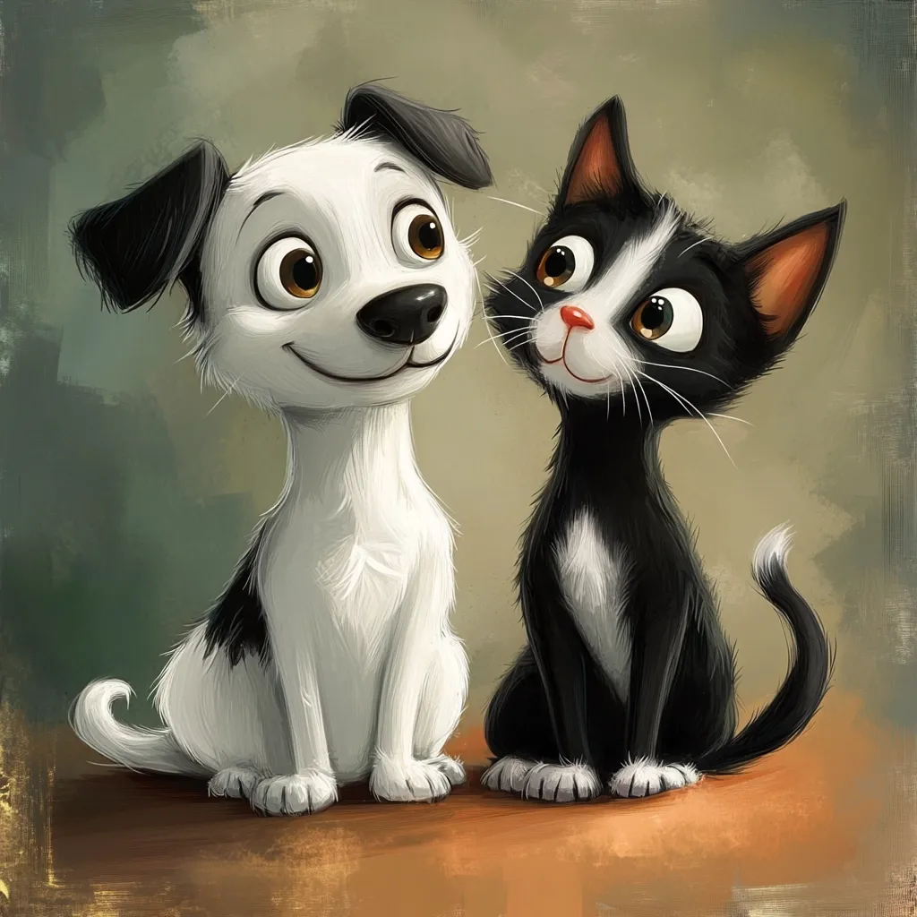 A charming illustration depicts a whimsical black and white puppy and kitten sitting side-by-side.  The puppy, predominantly white with black patches, gazes upward with large, expressive eyes and a cheerful smile.  The black kitten, with a white chest and paws, mirrors the puppy's happy expression. Both animals are rendered in a cartoonish style with soft fur and exaggerated features, creating an endearing image of interspecies friendship.  The background is a muted, textured green-brown.