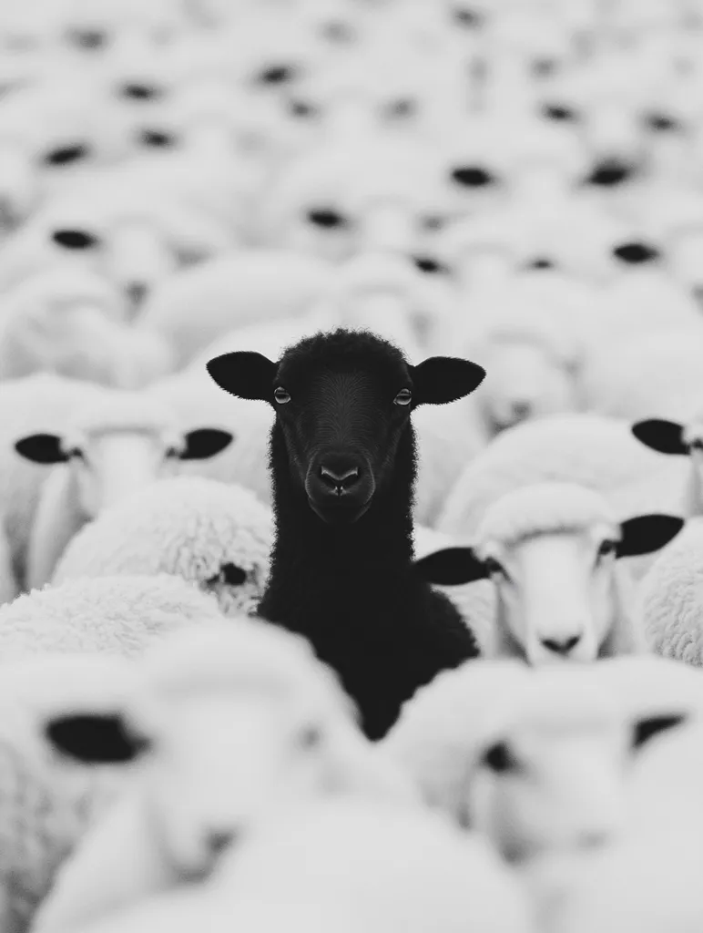 Here's a description of the image:

The photograph is a monochrome close-up depicting a single black sheep standing prominently in the center, surrounded by a large flock of white sheep.  The black sheep's dark fur contrasts sharply with the lighter wool of the surrounding animals.  The focus is primarily on the black sheep, while the white sheep in the background and foreground are progressively blurred, creating a depth of field effect. The image's composition and contrast symbolize individuality standing out from conformity.