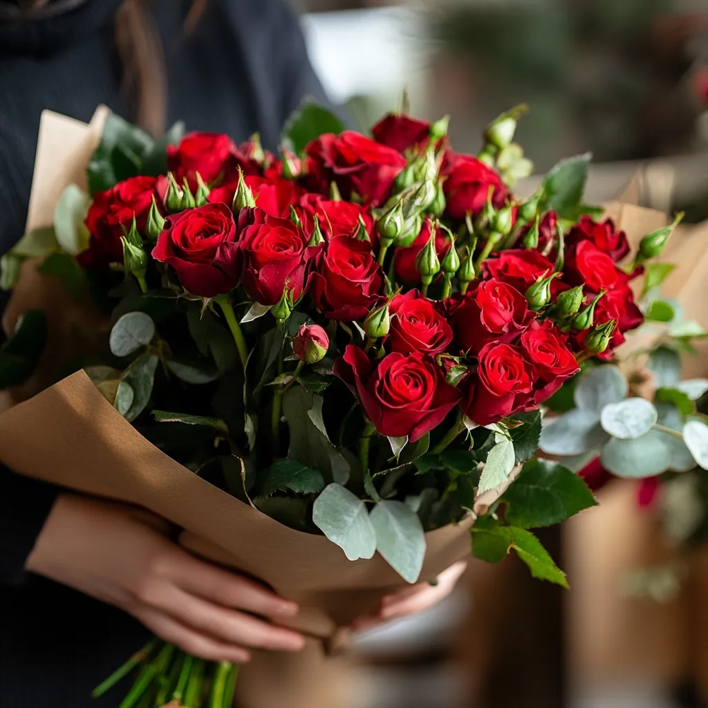 Here's a description of the image:

Close-up view of a person's hands gently holding a large bouquet of deep red roses. The roses are densely packed together, creating a lush and romantic effect.  The bouquet is wrapped in simple brown kraft paper.  Green eucalyptus leaves are interspersed among the roses, providing a textural contrast. The background is blurred, suggesting a floral shop or similar setting. The overall impression is one of elegance and classic beauty.