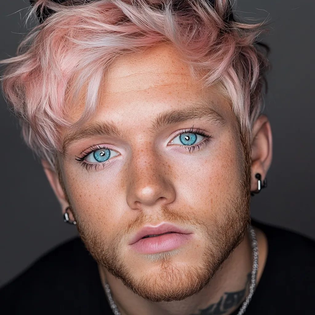 Close-up portrait of a young man with light pink, textured hair. He has bright blue eyes, fair skin with freckles, and a short, well-groomed beard.  He's wearing small earrings and a simple necklace, and a dark-colored shirt is visible around his shoulders.  His expression is serious and direct, creating an intense gaze. The background is a simple, neutral gray.