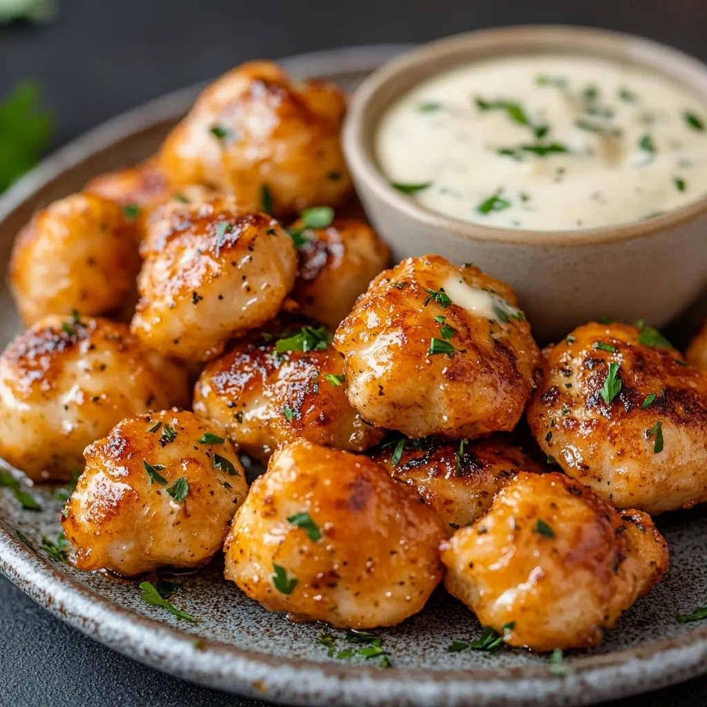 A close-up shot shows a plate of golden-brown chicken nuggets, glistening with a light sauce and sprinkled with fresh parsley.  They are arranged in a slightly overlapping pile on a gray plate.  A small bowl of creamy, pale-colored dipping sauce, also garnished with parsley, sits behind the nuggets. The overall impression is one of appetizing, comfort food.