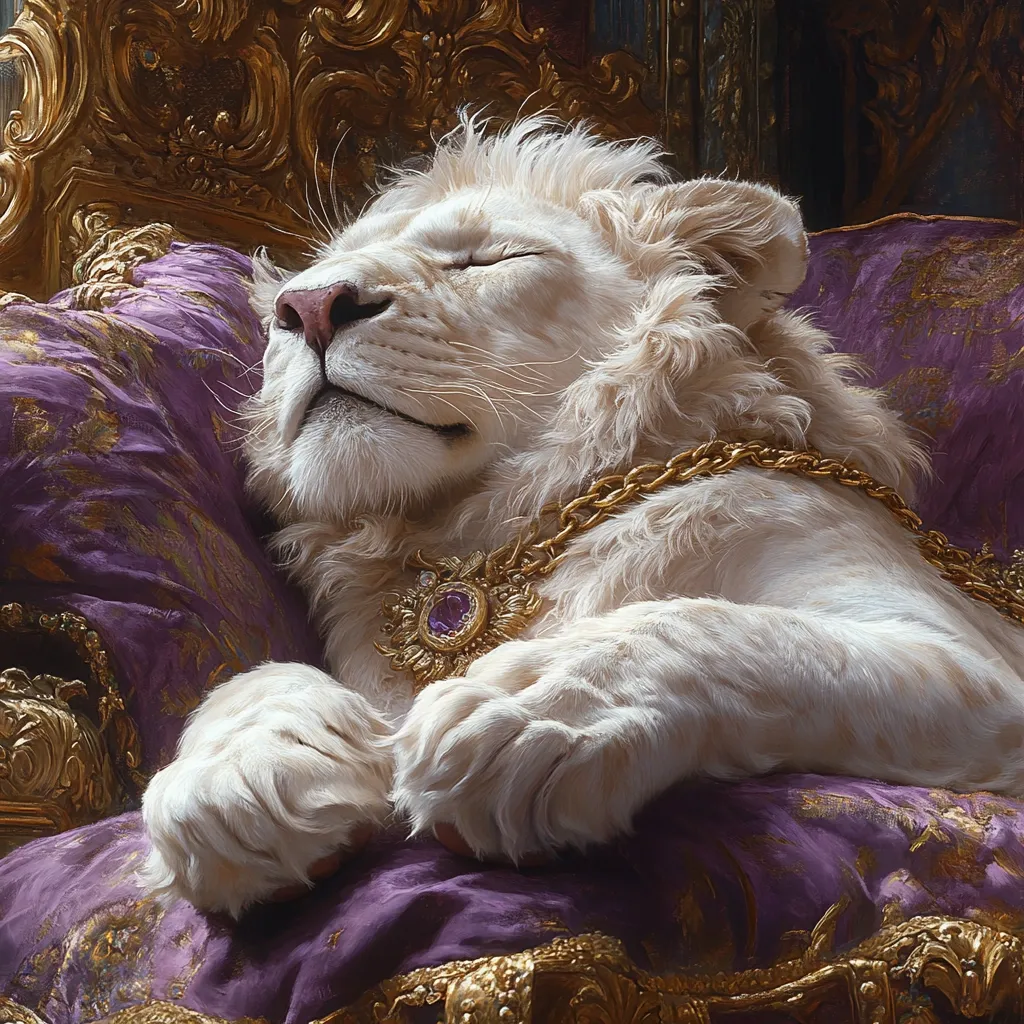 A majestic white lion, adorned with a heavy gold chain and ornate jeweled pendant, rests peacefully on a plush purple cushion.  The lion's eyes are closed, its expression serene.  It reclines on a richly decorated golden throne or chaise lounge, suggesting regal status and opulence. The image evokes a sense of fantasy and grandeur. The lighting and detail are exquisite, enhancing the luxurious ambiance.