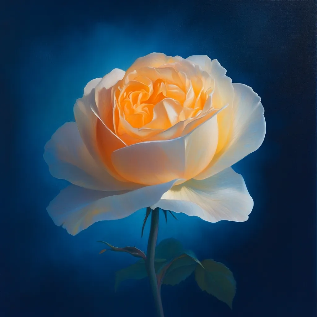 Here is a description of the image:

The image is a close-up painting of a single, large, pale yellow rose.  The rose's petals are delicately rendered, showing variations in shading and texture that create a sense of depth and luminosity. The inner petals exhibit a warmer, more saturated yellow hue, contrasting with the cooler, almost white outer petals. The rose is presented against a deep, rich blue background, which emphasizes the flower's soft, luminous quality.  The stem and a few leaves are subtly visible below the bloom.  The overall style is photorealistic, capturing the fine details of the rose's form and texture.