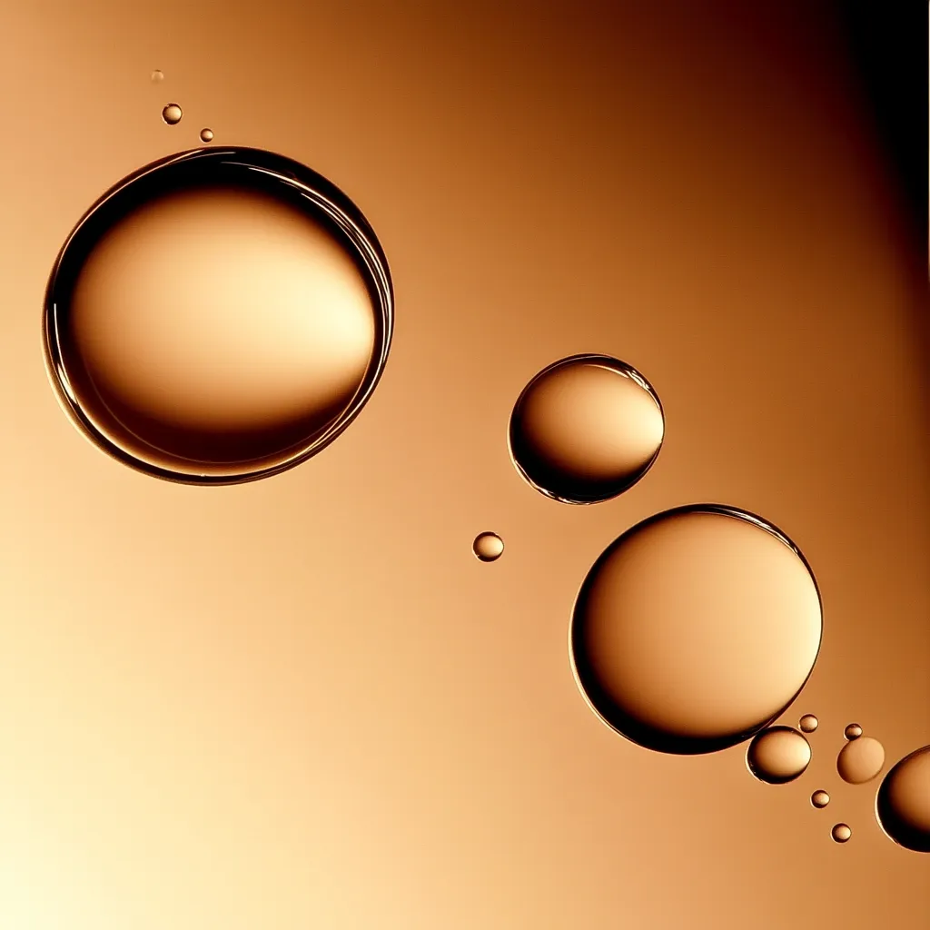 Here's a description of the image:

The image shows a collection of oil droplets suspended in a liquid.  The droplets vary in size, with one large, prominent droplet at the top left, and several smaller ones trailing off towards the bottom right.  The overall color scheme is a warm, amber or brownish-gold, creating a smooth, almost ethereal effect.  The droplets have a glossy sheen and reflective quality, suggesting an oily or viscous substance. The background is a gradient of the same warm tone, providing a soft contrast to the darker, more saturated droplets. The overall impression is one of elegance and fluidity.