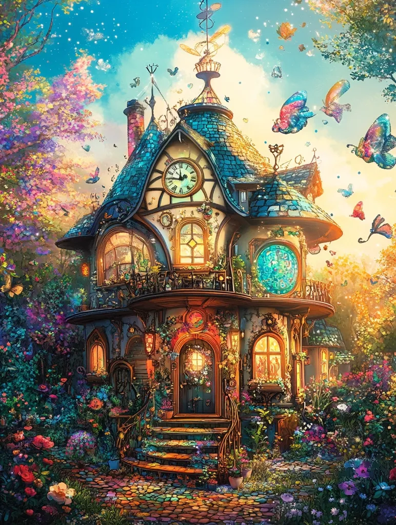 A whimsical, fairytale-like house is depicted, surrounded by vibrant flowers and butterflies.  The multi-storied structure features a teal roof, ornate clock, and circular window.  Intricate details, including wrought iron railings and colorful stained glass, enhance its magical charm.  The surrounding garden bursts with color, completing the enchanted scene.  The overall style is fantastical and dreamlike, evoking a sense of wonder.