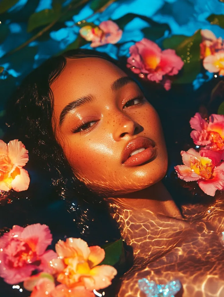 Here's a description of the image:

Close-up view of a young woman with rich, dark brown skin and long, dark hair submerged in water.  Her face is softly lit, highlighting freckles and a dewy complexion.  She gazes directly at the viewer with a serene expression.  Vibrant, multicolored flowers, predominantly pink and orange, are scattered around her in the water, creating a lush, almost ethereal atmosphere. The water's surface reflects light, creating shimmering patterns on her skin. The overall mood is one of beauty, tranquility, and natural elegance.