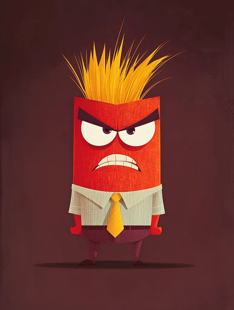 Here's a description of the image:

The illustration depicts a stylized cartoon character, seemingly inspired by animation, embodying the emotion of anger.  The character is rectangular, predominantly red, with a spiky, fiery orange-yellow hair.  Its face is intensely furrowed, conveying a furious expression with narrowed eyes and a clenched jaw.  The character is dressed in a light gray collared shirt and dark pants, with a yellow tie. The overall style is minimalist yet expressive, highlighting the character's emotion through its form and coloring against a deep maroon backdrop.