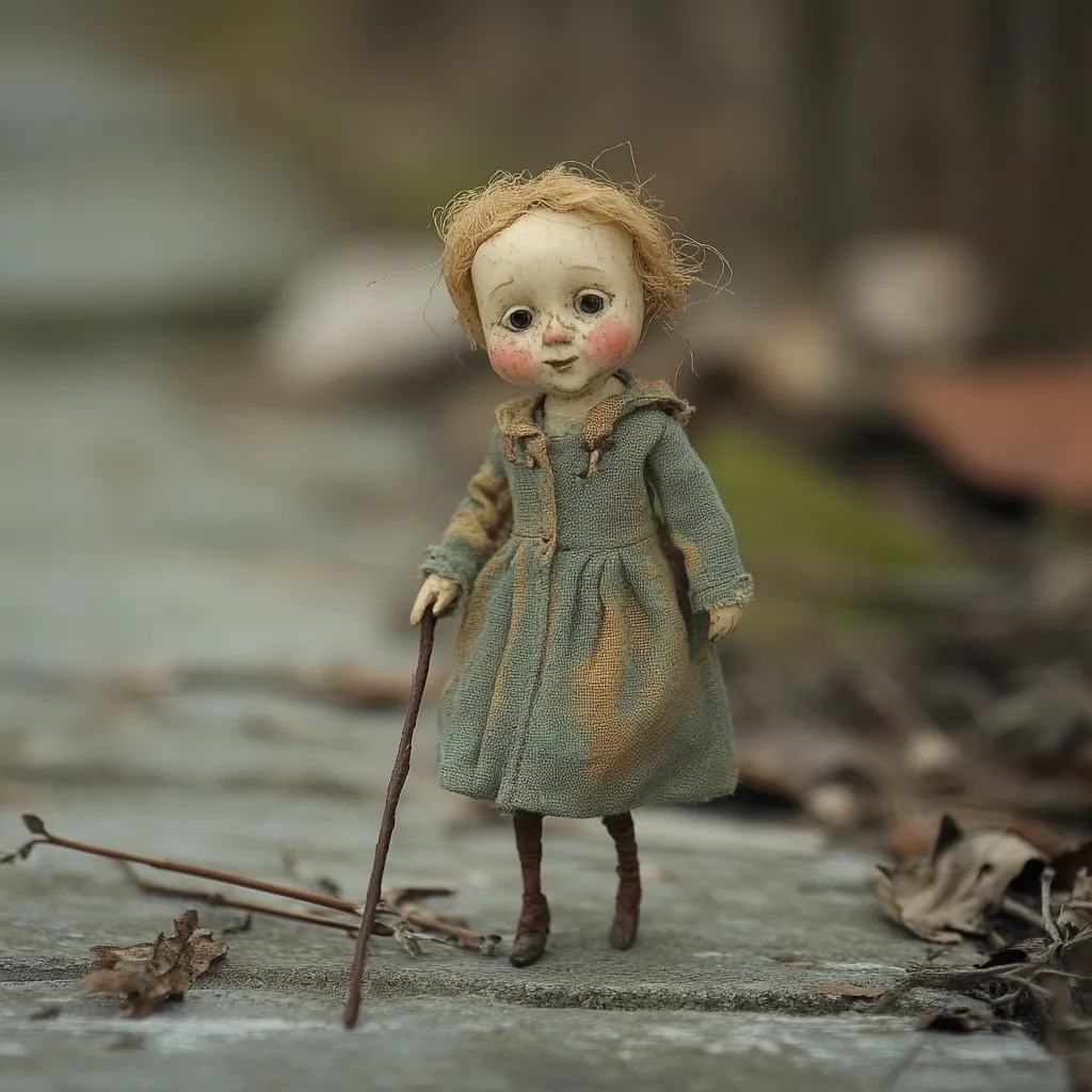Here is a description of the image:

A handcrafted doll, appearing aged and whimsical, stands outdoors on a weathered stone surface.  The doll has a pale, subtly textured face with rosy cheeks and light brown, slightly unkempt hair. It's dressed in a muted green and beige dress, seemingly made of linen, showing signs of wear and discoloration. The doll holds a small, dark brown walking stick. The background is blurred, suggesting a natural, possibly woodland, setting with dry leaves scattered on the ground. The overall aesthetic evokes a sense of gentle melancholy and antique charm.