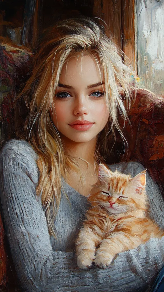 Here's a description of the image:

The painting showcases a young woman with long, blonde hair, seated and gently holding an orange tabby kitten.  She's wearing a light grey, knitted sweater. The woman has a soft, serene expression, and her eyes are a striking blue.  The kitten appears peaceful and content in her arms.  The background is blurred but suggests a cozy, indoor setting near a window, with hints of wood paneling and fabric textures. The style is reminiscent of classical portraiture with a contemporary feel, emphasizing soft light and a painterly texture.