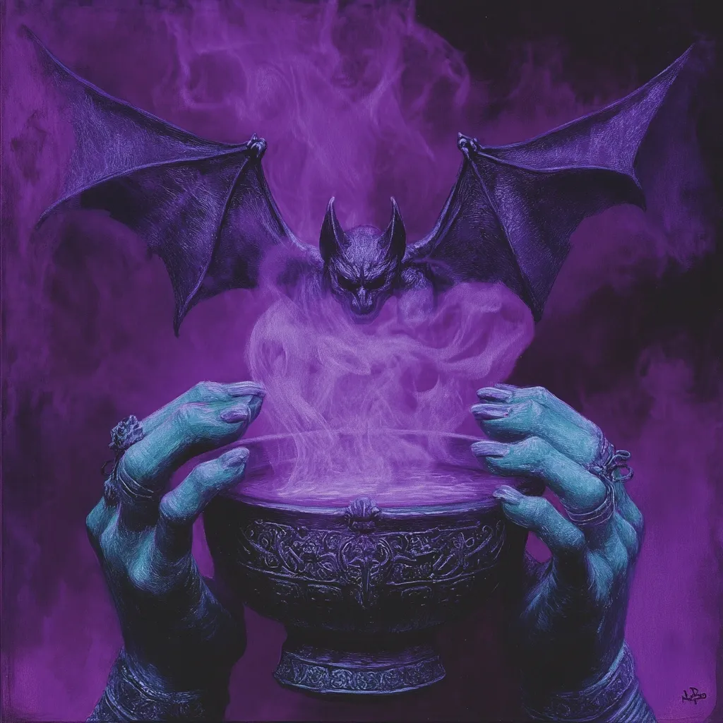 Here's a description of the image:

The artwork depicts a dark, gothic scene.  Two teal-hued hands, adorned with rings, cradle an ornate, dark chalice filled with a purple, smoky liquid.  Above the chalice, a large, dark bat with outstretched wings floats amidst a swirling purple fog, creating a mystical, almost ritualistic atmosphere. The overall color palette is predominantly purple and dark teal, enhancing the eerie and mysterious mood. The style is painterly, with visible brushstrokes, giving it a textured and slightly surreal quality.