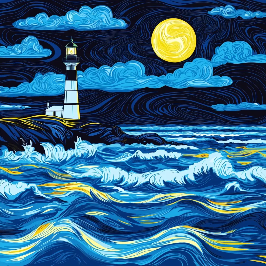 A stylized nighttime seascape, reminiscent of Van Gogh's brushstrokes, depicts a lighthouse standing on a rocky outcrop.  Turbulent, swirling waves crash against the shore under a large, yellow moon. The sky is filled with expressive, blue clouds, creating a dramatic and atmospheric scene. The color palette is predominantly blues and yellows, emphasizing the contrast between the moonlit sky and the churning ocean. The overall effect is one of powerful movement and serene beauty.