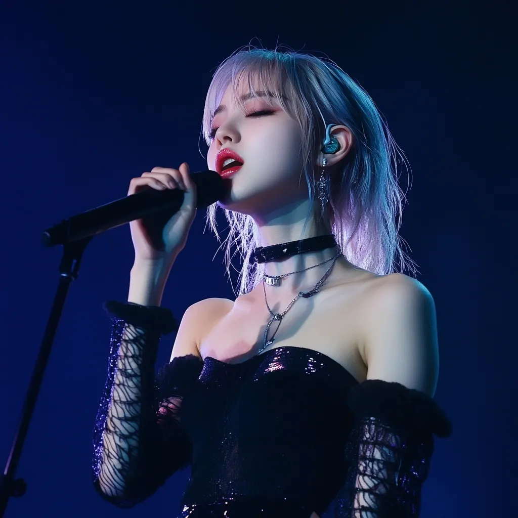 A young woman with pale blonde hair, styled with blunt bangs, sings into a microphone. She wears a black off-the-shoulder top with fishnet sleeves, and several delicate necklaces. Her makeup is dramatic, featuring bold red lipstick. The background is a deep blue, highlighting the singer and creating a moody, atmospheric portrait. The image suggests a live performance setting.
