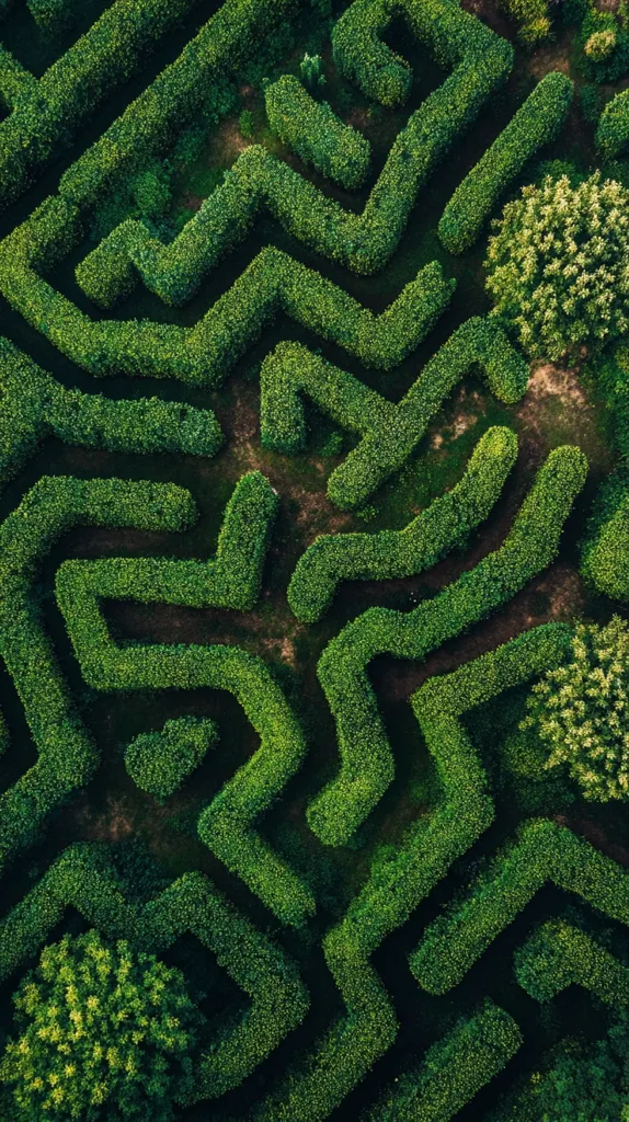 Here's a description of the image:

An overhead shot reveals a complex, verdant hedge maze.  The maze's intricate pathways, formed by neatly trimmed hedges, wind and twist in a challenging pattern.  Small, lush green trees punctuate the maze's outer edges, adding to the overall natural, lush feel.  The dark brown earth between the hedges is visible, contrasting with the bright green of the foliage. The image offers a striking visual representation of a classic garden maze.