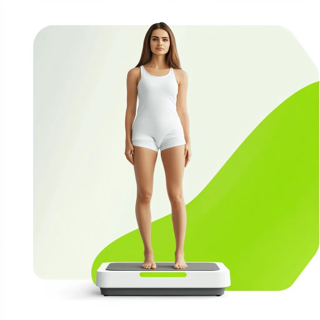 A slender woman with long brown hair stands barefoot on a white and gray vibration plate. She's wearing a white tank top and matching shorts. The background features a soft green curve against a muted beige backdrop.  The image is clean, bright, and conveys a sense of health and wellness, likely advertising fitness equipment.