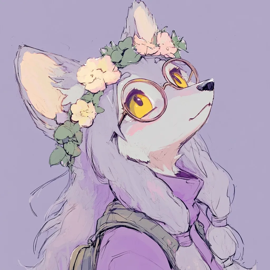 Here's a description of the image:

The illustration depicts a stylized furry character, possibly a fox or wolf, with long, light purple hair. The character wears round glasses, a purple shirt, and a backpack. A delicate crown of pale yellow flowers and green leaves adorns its head. The artwork is done in a soft, pastel palette with visible brushstrokes, giving it a slightly sketchy and whimsical feel. The character's gaze is directed upward, giving it a dreamy or contemplative expression. The background is a solid light purple.