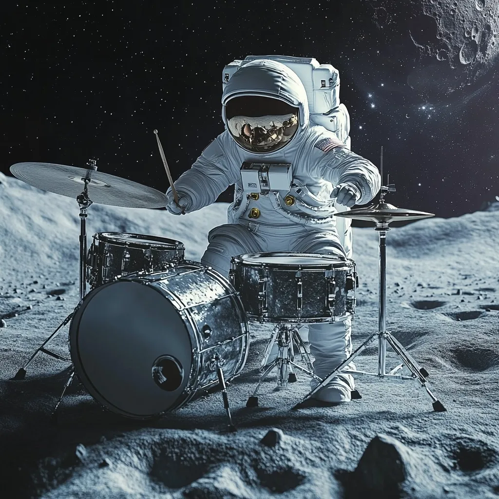 An astronaut, clad in a full spacesuit with an American flag patch, sits behind a drum kit on the lunar surface.  The stark, grey landscape of the moon contrasts with the black, star-studded sky.  A large celestial body is partially visible in the upper right corner. The astronaut appears to be playing the drums, creating a surreal and visually striking scene. The image is digitally rendered, showcasing a high level of detail and realism.