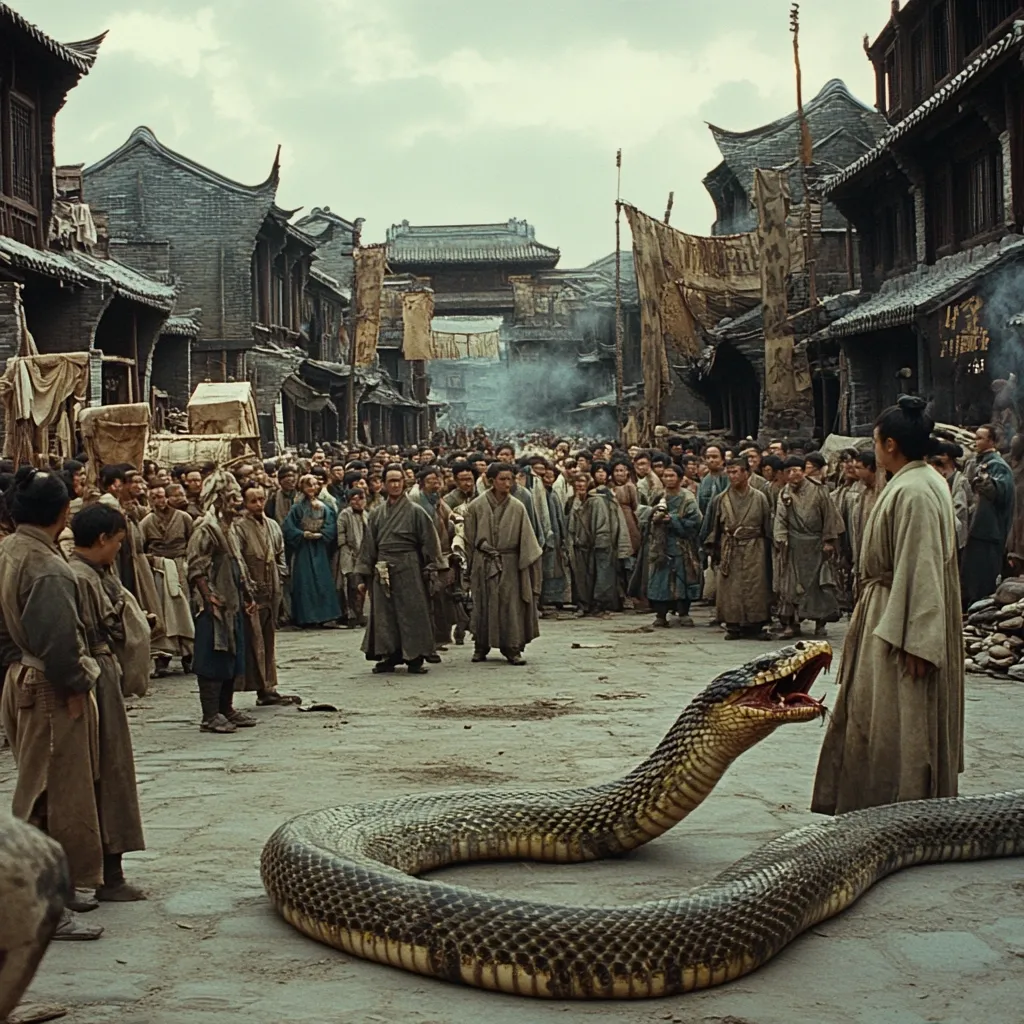 A large, imposing snake dominates a scene set in an ancient Chinese town.  A crowd of people in traditional clothing watches from a distance, their expressions a mix of awe, fear, and apprehension. The buildings are old and weathered, adding to the historical atmosphere. The snake's size dwarfs the onlookers, creating a sense of dramatic tension and wonder.  The overall palette is muted earth tones, emphasizing the scale of the reptile and the gravity of the situation.