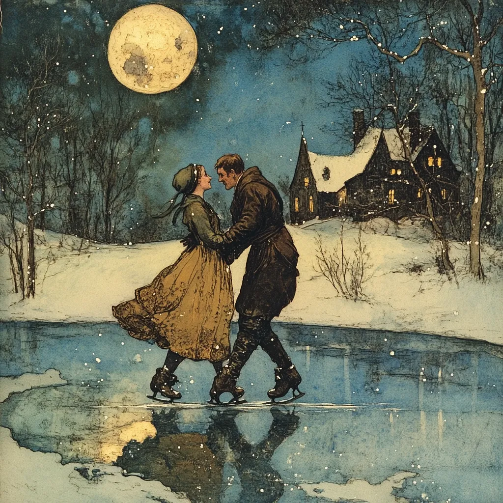 A romantic winter scene unfolds under a large, luminous moon. A couple, elegantly dressed in period attire, ice skates on a frozen pond.  Their faces are close, suggesting intimacy.  A quaint, snow-covered house with lit windows is visible in the background, adding to the idyllic, peaceful atmosphere. The artist employs a soft, painterly style, emphasizing the serene beauty of the wintry landscape and the tender moment between the skaters.  The overall impression is one of warmth and quiet love within a picturesque setting.