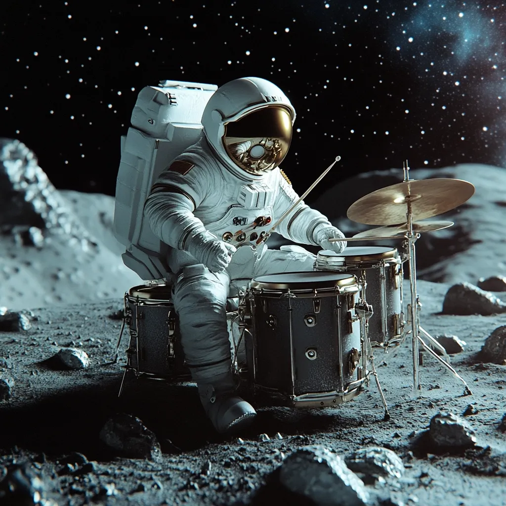 An astronaut, clad in a white spacesuit, sits on the lunar surface playing a drum kit.  The backdrop is a star-filled night sky.  The astronaut is positioned centrally, their focus on the drums. The lunar landscape is rocky and gray, contrasting with the bright spacesuit and the dark expanse of space. The scene is surreal, a blend of the familiar (a drummer) and the extraordinary (an astronaut on the moon).  The overall mood is peaceful yet adventurous.