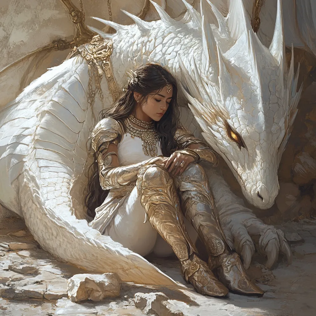 Here's a description of the image:

The artwork depicts a young woman with long dark hair, adorned in gold armor and a white dress, sitting pensively beside a large, white dragon.  The dragon's head rests near the woman, its golden eyes conveying a sense of calm.  Both figures are bathed in a soft, warm light, suggesting a peaceful, perhaps even melancholic, atmosphere. The woman's posture and expression hint at a quiet contemplation, while the dragon's presence offers comfort and companionship. The overall style is fantastical and realistic, blending elements of fantasy and classical art. The setting appears to be a rocky, desert-like landscape.