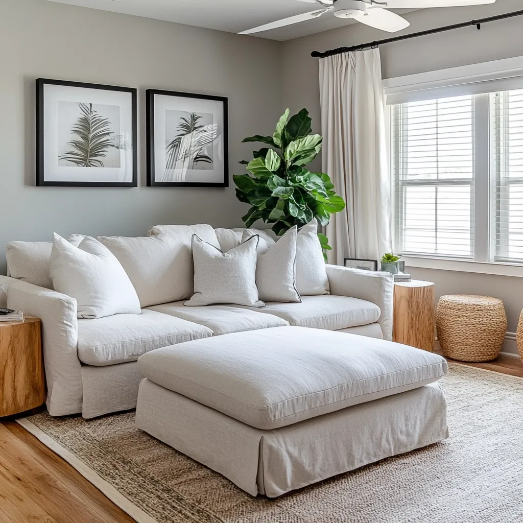A spacious living room features a large, off-white linen sectional sofa with plush cushions, accompanied by a matching ottoman. Two framed botanical prints adorn a light grey wall above the sofa. A large fiddle-leaf fig plant stands beside the seating area, adding a touch of greenery.  Natural light streams through a window with white blinds and sheer curtains.  Wooden side tables and woven ottomans complete the relaxed, minimalist aesthetic.  A neutral-toned rug grounds the space on a hardwood floor.