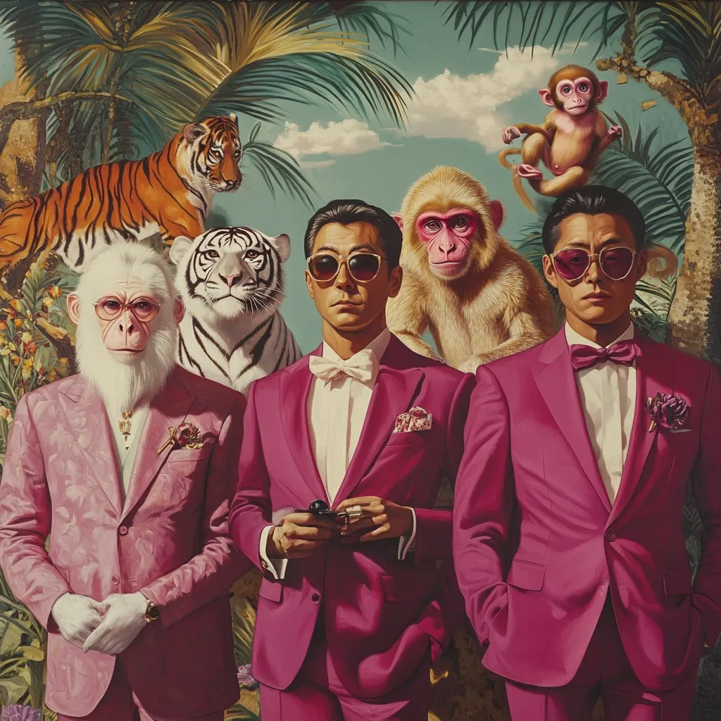 A vibrant painting depicts two men in matching hot pink suits and bow ties, flanked by a white-faced monkey in a similar suit, a white tiger, an orange tiger, and two Japanese macaques.  The men wear sunglasses.  The exotic animals and lush tropical background create a surreal and opulent scene, suggesting a theme of extravagance and unexpected juxtaposition. The style is highly realistic with bold colors and sharp details.
