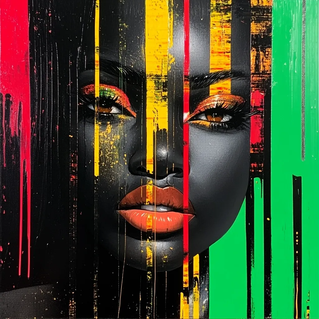The artwork is a vibrant portrait of a Black woman's face, partially obscured by bold vertical stripes of red, yellow, and green—colors reminiscent of Pan-African flags.  Her dark skin is richly detailed, and her makeup is striking, featuring warm gold tones.  The style is expressive and modern, incorporating drips and splatters of paint to create a dynamic texture, suggesting a blend of realism and abstraction. The background is a mix of dark blacks and a bright green.  The overall effect is powerful and celebratory.