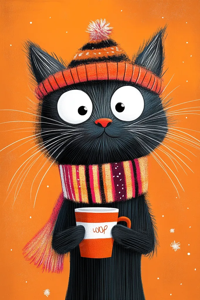 A charming illustration depicts a black cat bundled in a vibrant orange knit hat and striped scarf.  Its large, expressive eyes convey a sense of warmth and cheer.  The cat holds a bright orange mug, adding to the cozy winter scene. The background is a cheerful burnt orange with subtle snowfall effects. The overall style is whimsical and cartoonish, with a focus on texture and detail in the cat's fur and clothing.