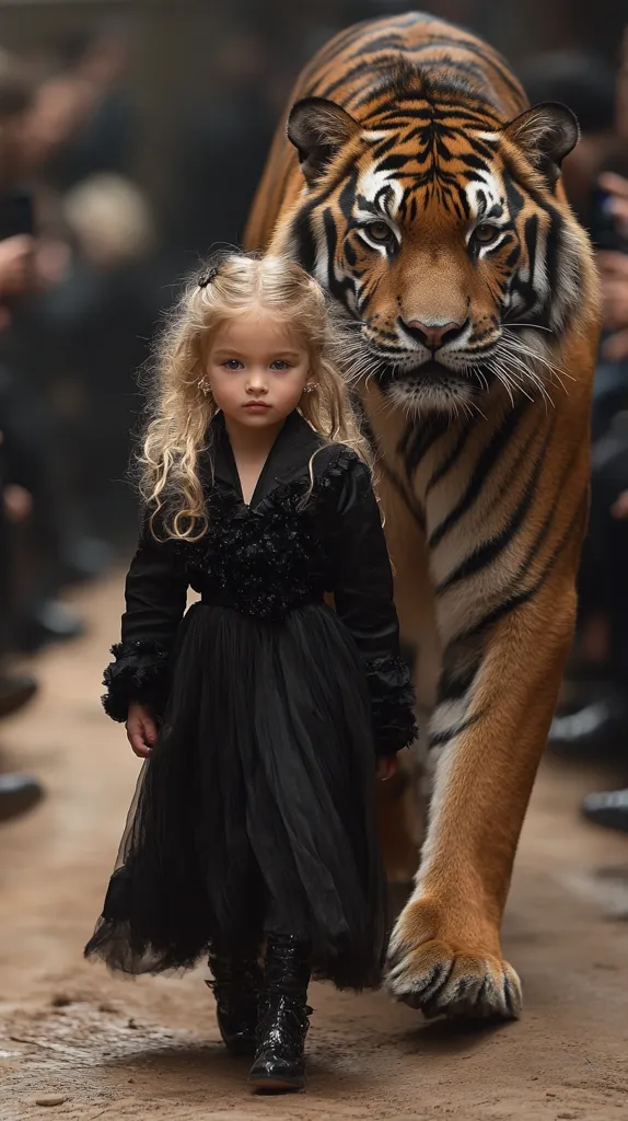 A young girl with long blonde hair, dressed in a black dress and boots, walks confidently alongside a large tiger. The tiger, with its striking orange and black stripes, is positioned slightly behind and to the side of the girl. The background is blurred, suggesting an outdoor setting, possibly a runway or photoshoot. The contrast between the girl's delicate appearance and the tiger's powerful presence creates a striking and memorable image.