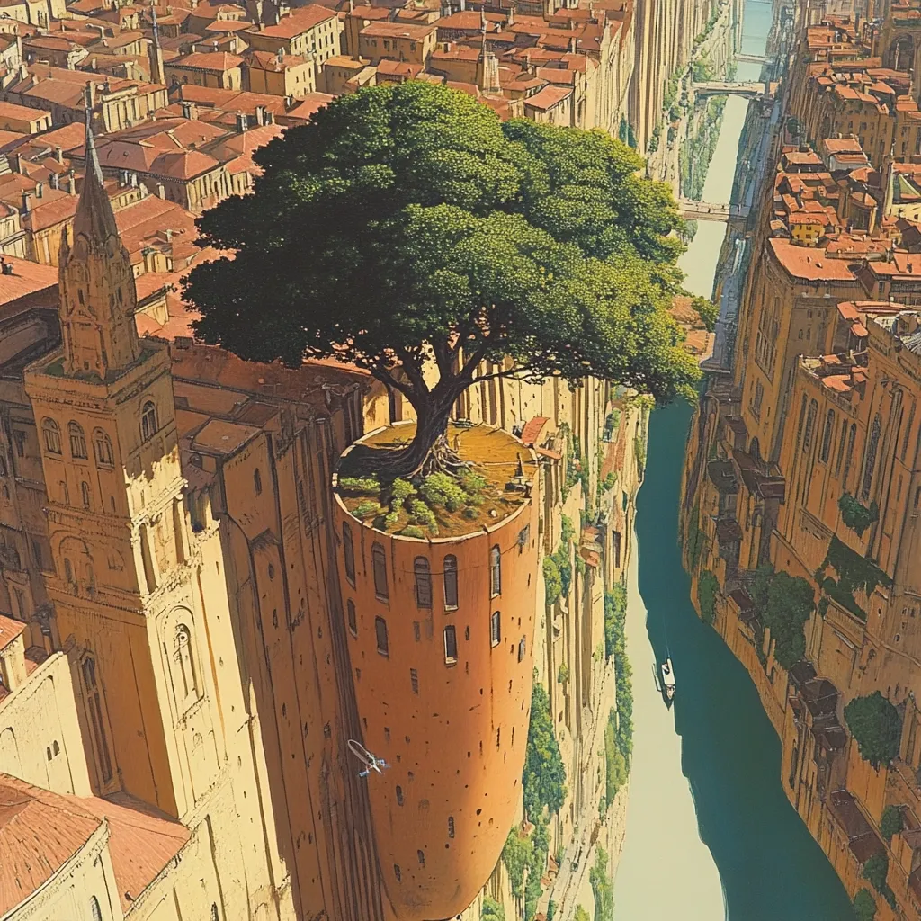 Here's a description of the image:

The artwork depicts a fantastical cityscape split by a narrow waterway.  A large, lush green tree sits atop a cylindrical, terracotta-colored structure nestled within the city's chasm.  The buildings are a mix of old-world architecture, reminiscent of Mediterranean styles, with ochre and terracotta hues dominating.  A small boat is visible on the river, and a tiny flying object appears near the tree's base.  The overall style is surreal and dreamlike, with a focus on vibrant colors and unusual spatial relationships. The scene suggests a blend of reality and fantasy, a place both familiar and strangely otherworldly.