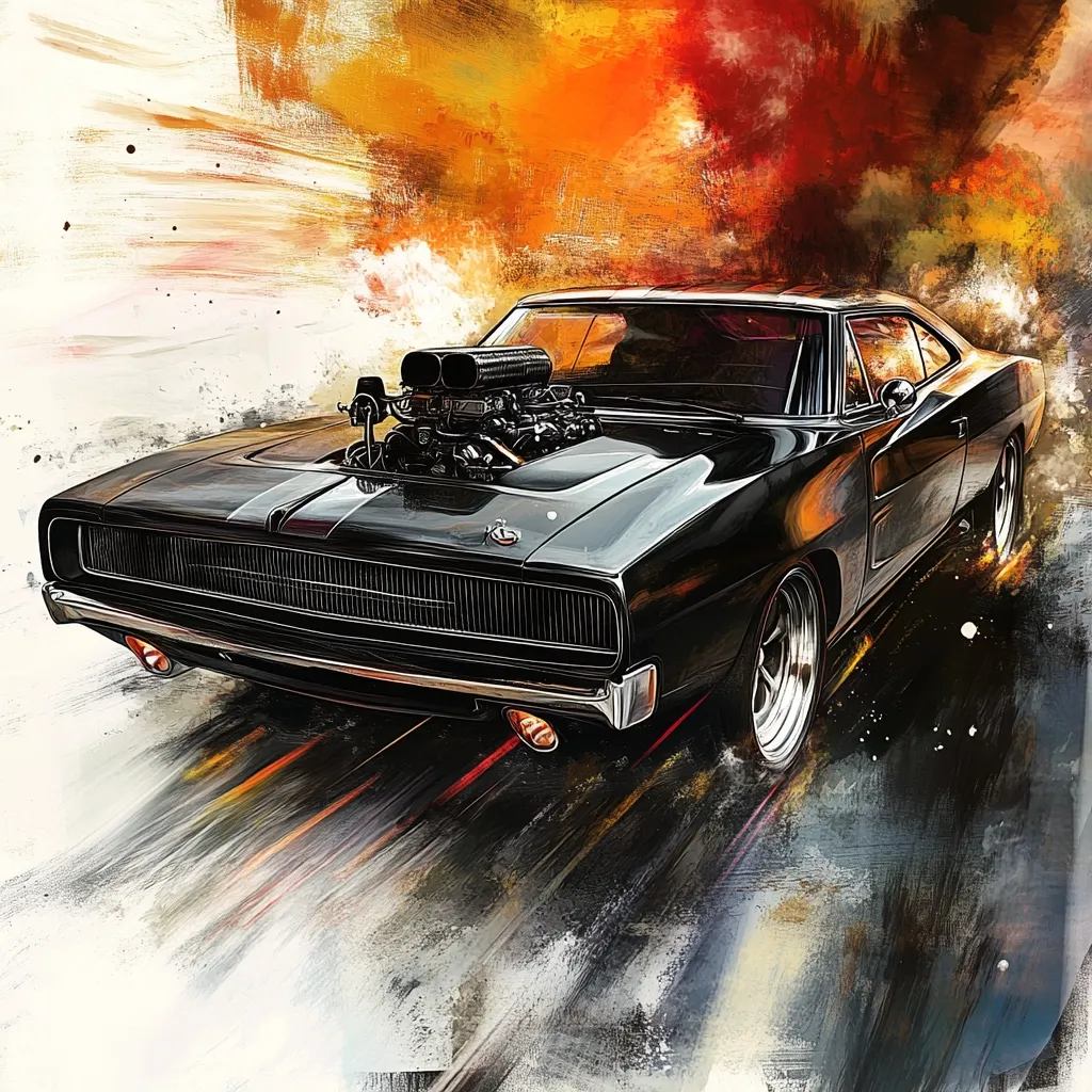 Here's a description of the image:

The artwork depicts a sleek, black 1968 Dodge Charger R/T speeding at high velocity.  Its hood is raised, showcasing a powerful, modified engine.  The car is rendered with a dynamic style; the motion blur suggests intense speed, while the background features vibrant, fiery orange and red hues that evoke a sense of power and energy.  The overall impression is one of raw speed and classic muscle car appeal, with a painterly, almost abstract background enhancing the dramatic effect.