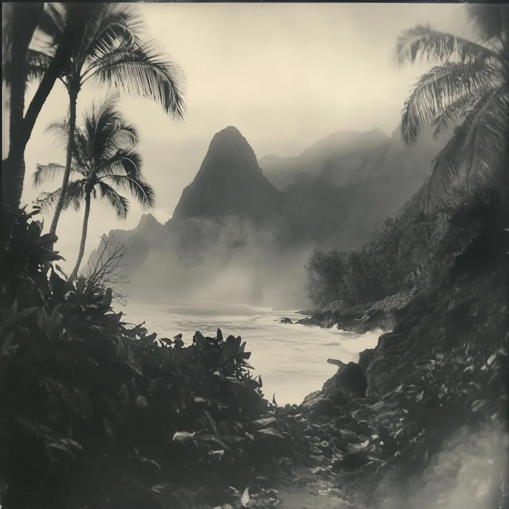 Here's a description of the image:

A dramatic black and white photograph captures a serene coastal scene.  Palm trees frame the foreground, their fronds partially obscuring the view of a rocky shoreline meeting a gently turbulent ocean.  Misty mountains rise majestically in the background, their peaks shrouded in fog, creating a sense of mystery and depth. The overall tone is somber and atmospheric, emphasizing the contrast between the lush vegetation and the rugged, mist-filled landscape. The image evokes a feeling of quiet solitude in a breathtaking natural setting.