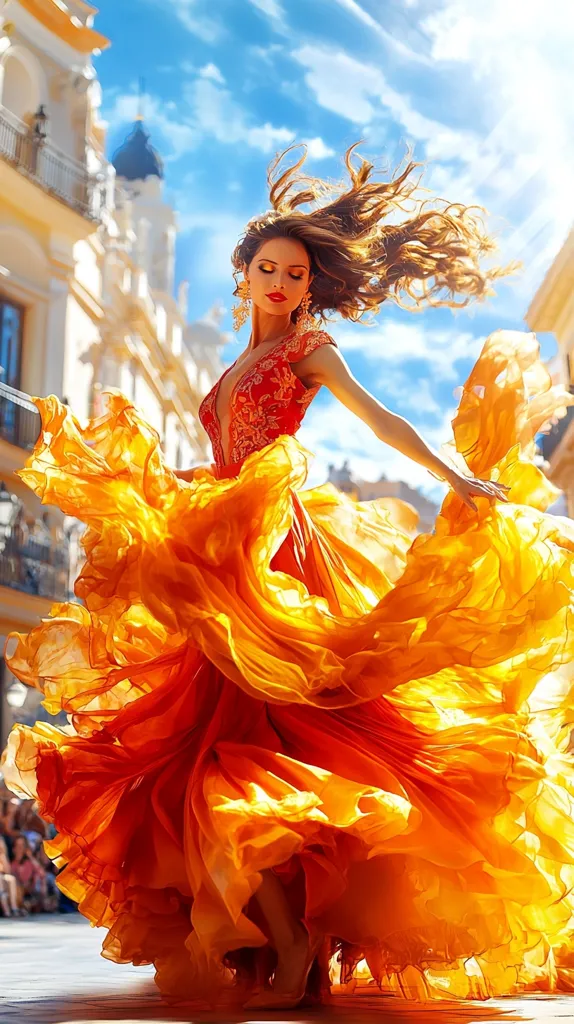 A woman with flowing auburn hair wears a vibrant, swirling orange and red gown.  The dress billows dramatically around her as she appears to be mid-dance or twirl. The background features a sun-drenched European-style street with ornate buildings.  The overall impression is one of vibrant energy and joyful movement, possibly capturing a moment of performance or celebration.  The bright colors and dynamic pose are striking.