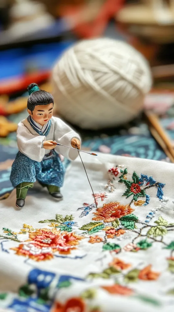 A miniature figurine, depicting a person in traditional East Asian clothing, sits at a table.  The figure is meticulously embroidering a white cloth with colorful floral designs using a needle and thread. A ball of white yarn sits nearby, blurred in the background, suggesting a crafting scene. The focus is sharp on the miniature and its embroidery work, creating a charming tableau. The overall image evokes a sense of artistry and delicate craftsmanship.