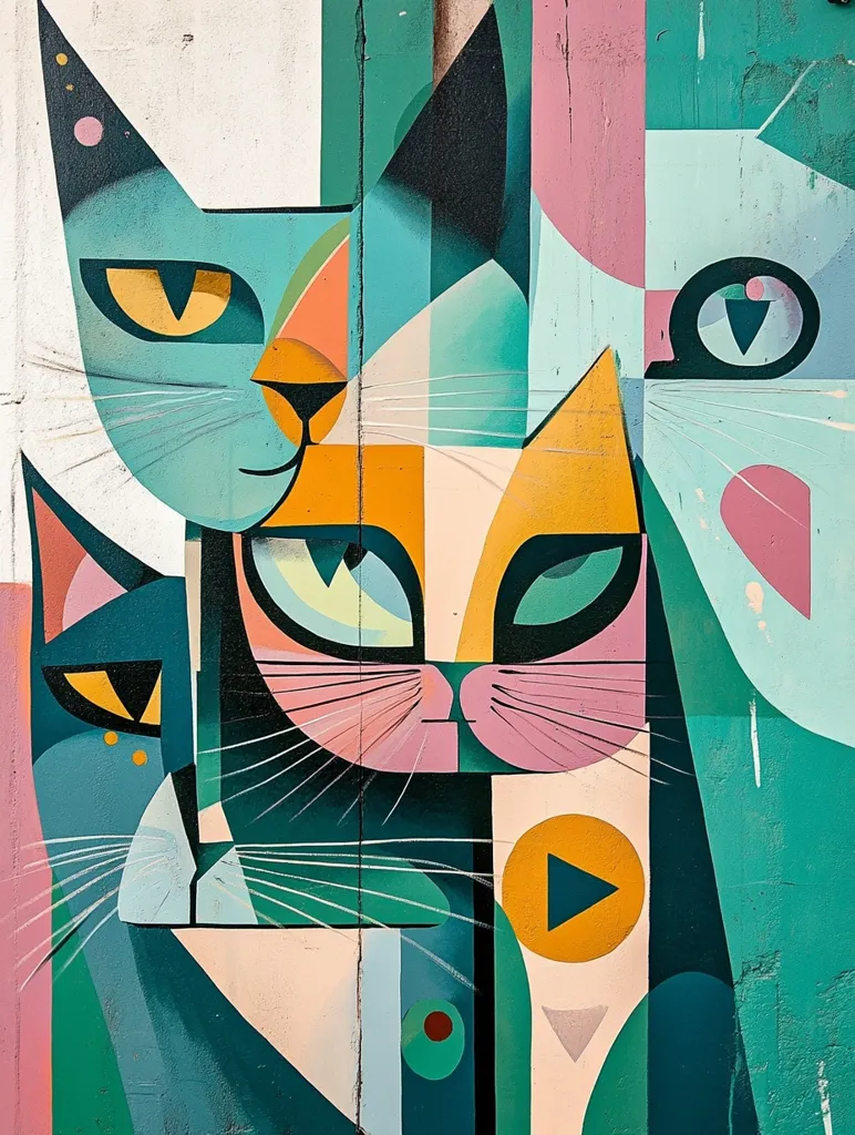 A vibrant mural depicts a stylized arrangement of cats, rendered in a Cubist style.  Geometric shapes in teal, orange, pink, and white form the bodies and faces of the felines. Their eyes are large and expressive, accentuated by bold outlines. The cats overlap and interweave, creating a complex and visually appealing composition. The overall effect is playful yet sophisticated, blending bold colors with sharp geometric forms.  The background suggests a textured wall surface, enhancing the mural’s street art feel.