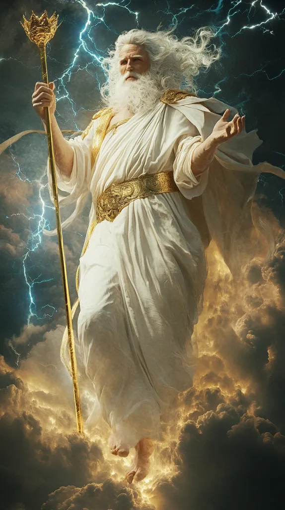 A majestic figure, possibly representing a god or celestial being, stands amidst swirling clouds and lightning.  He possesses long white hair and a beard, wearing a flowing white robe adorned with a gold belt and holding a golden staff topped with a crown.  His expression is serious and powerful. The overall image evokes a sense of divine authority and power, set against a dramatic, stormy sky.