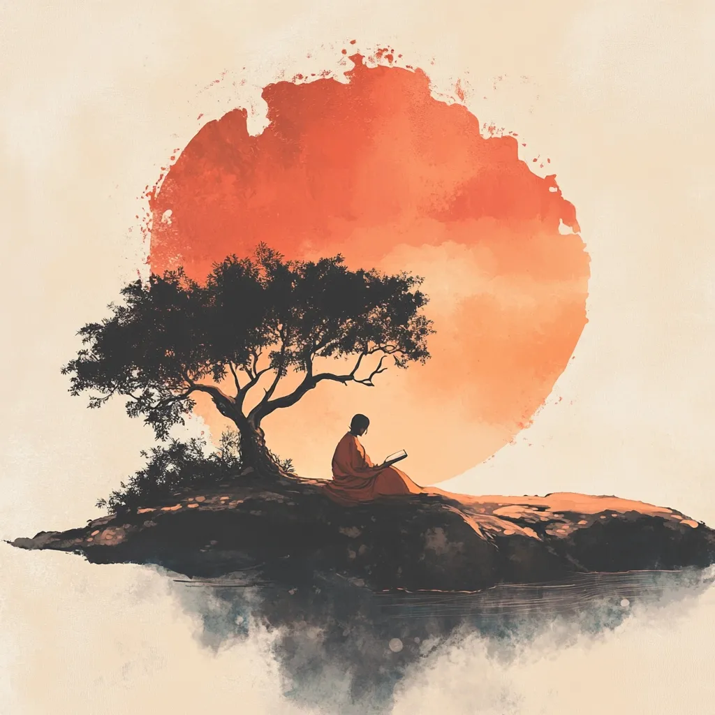 A serene digital painting depicts a lone figure, cloaked in robes, seated beneath a silhouetted tree on a small island. The figure is engrossed in a book, seemingly lost in contemplation.  A large, stylized sunset dominates the background, painted in warm oranges and reds, resembling a rising or setting sun. The overall aesthetic is calm and peaceful, evoking a sense of tranquility and spiritual reflection. The island is surrounded by a misty, ethereal water, adding to the mystical atmosphere.