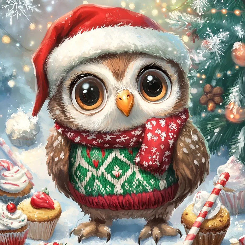 Here's a description of the image:

A charming illustration depicts a cartoon owl adorned in a festive Christmas sweater, a red Santa hat, and a matching scarf.  Its large, expressive eyes and fluffy feathers give it an endearing quality.  The owl stands in a snowy setting amidst several miniature cupcakes and candy canes, near a partially visible Christmas tree with twinkling lights.  The overall style is whimsical and heartwarming, perfect for a holiday-themed artwork or card.