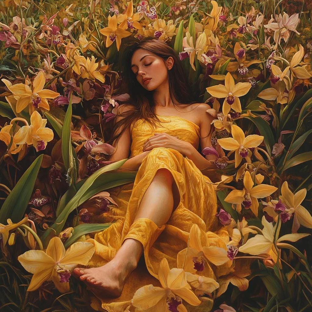 A young woman with long brown hair, dressed in a flowing yellow gown, lies peacefully asleep amidst a vibrant profusion of yellow orchids.  Her bare feet are visible, and her hands rest gently on her lap. The scene is lush and serene, bathed in soft, warm light, creating a dreamlike atmosphere. The orchids surround her completely, forming a natural bed.