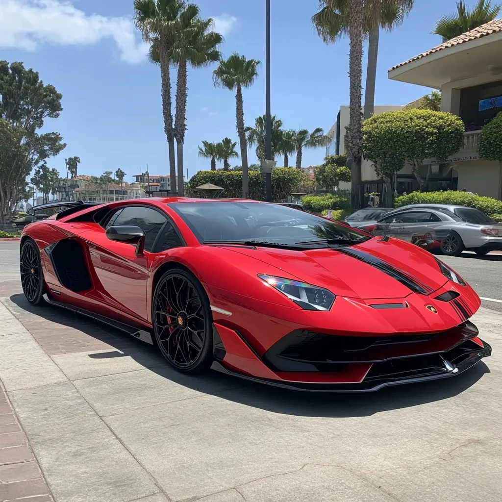 A vibrant red Lamborghini Aventador SVJ, distinguished by its black racing stripes, is parked on a sidewalk. The luxury sports car is sharply in focus, contrasting with a slightly blurred background featuring palm trees, a sunny sky, and other parked cars. The scene suggests a luxurious coastal location, possibly in Southern California.  The car's sleek lines and aggressive design are highlighted by the bright sunlight.