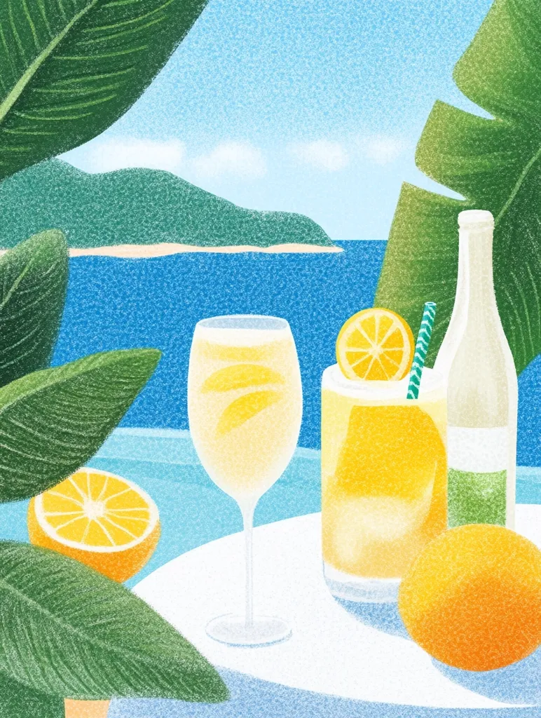 Here's a description of the image:

A vibrant illustration depicts a tranquil seaside scene.  Two citrusy cocktails, one in a wine glass, the other in a rocks glass, sit on a white table.  Halves of oranges and a whole orange are artfully arranged nearby.  A bottle of what appears to be a citrus-flavored liqueur stands beside them. Lush green tropical leaves frame the composition, partially obscuring a view of a serene ocean and distant hills under a bright, clear sky. The overall style is textured, reminiscent of crayon or pastel, giving a slightly grainy yet inviting feel.  The scene evokes a sense of summer relaxation and refreshment.