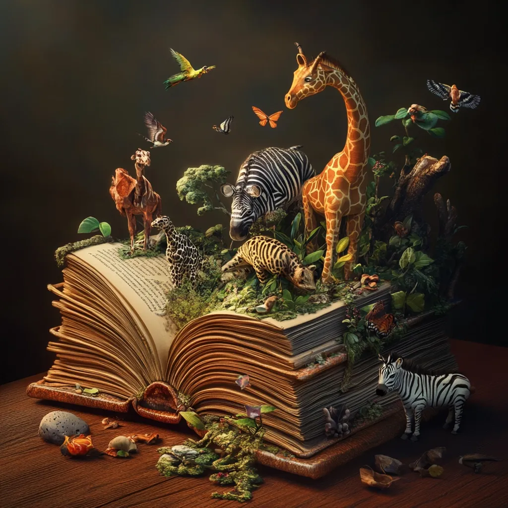A fantastical open book bursts with life.  Animals, including a giraffe, zebras, a leopard, and various birds, inhabit a miniature jungle sprouting from its pages.  Butterflies flutter amidst the lush greenery. The aged book rests on a dark wooden surface, creating a magical scene where the written word springs to life. The image is highly detailed and evokes a sense of wonder and the power of storytelling.