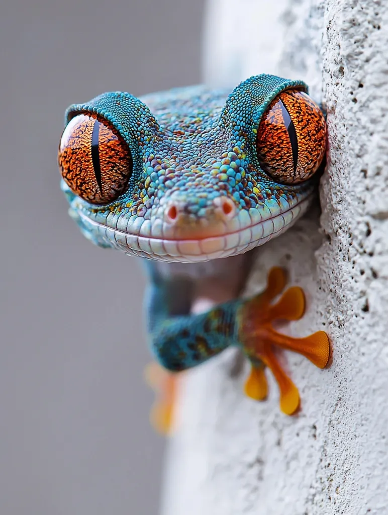 Here's a description of the image:

Close-up view of a vibrant, small gecko clinging to a light gray, textured wall. The gecko's skin is a striking blend of teal, blue, and green hues, speckled with tiny yellow spots. Its large, captivating eyes are a deep orange-brown with intricate details visible. The gecko's toes are a bright orange, gripping the wall firmly. The focus is sharp on the gecko, contrasting its vivid colors with the muted background. The overall impression is one of beauty and intrigue, highlighting the animal's unique features.