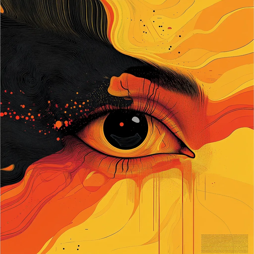 Here's a description of the image:

The artwork is a stylized close-up of a human eye, rendered in vibrant oranges, yellows, and blacks.  The eye itself is highly detailed, with meticulously drawn lashes and intricate lines suggesting depth and texture. The surrounding area is an abstract swirl of warm colors, creating a fluid, almost molten effect that contrasts with the sharp precision of the eye.  Black, linear patterns form a stark background, adding a sense of depth and mystery. The overall style is a blend of realism and abstract expressionism, creating a striking and visually arresting image.
