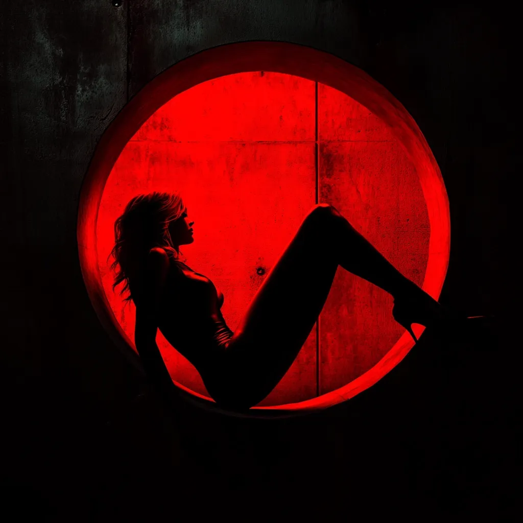 Here's a description of the image:

The image is a dramatic, stylized silhouette of a woman.  She's positioned inside a large, circular opening in a dark, textured wall.  The circular space is illuminated from behind with intense red light, creating a stark contrast against the woman's dark, sharply defined form. She is seated, legs extended, wearing what appears to be a bodysuit and high heels. The overall mood is sensual, mysterious, and visually striking due to the bold use of light and shadow.