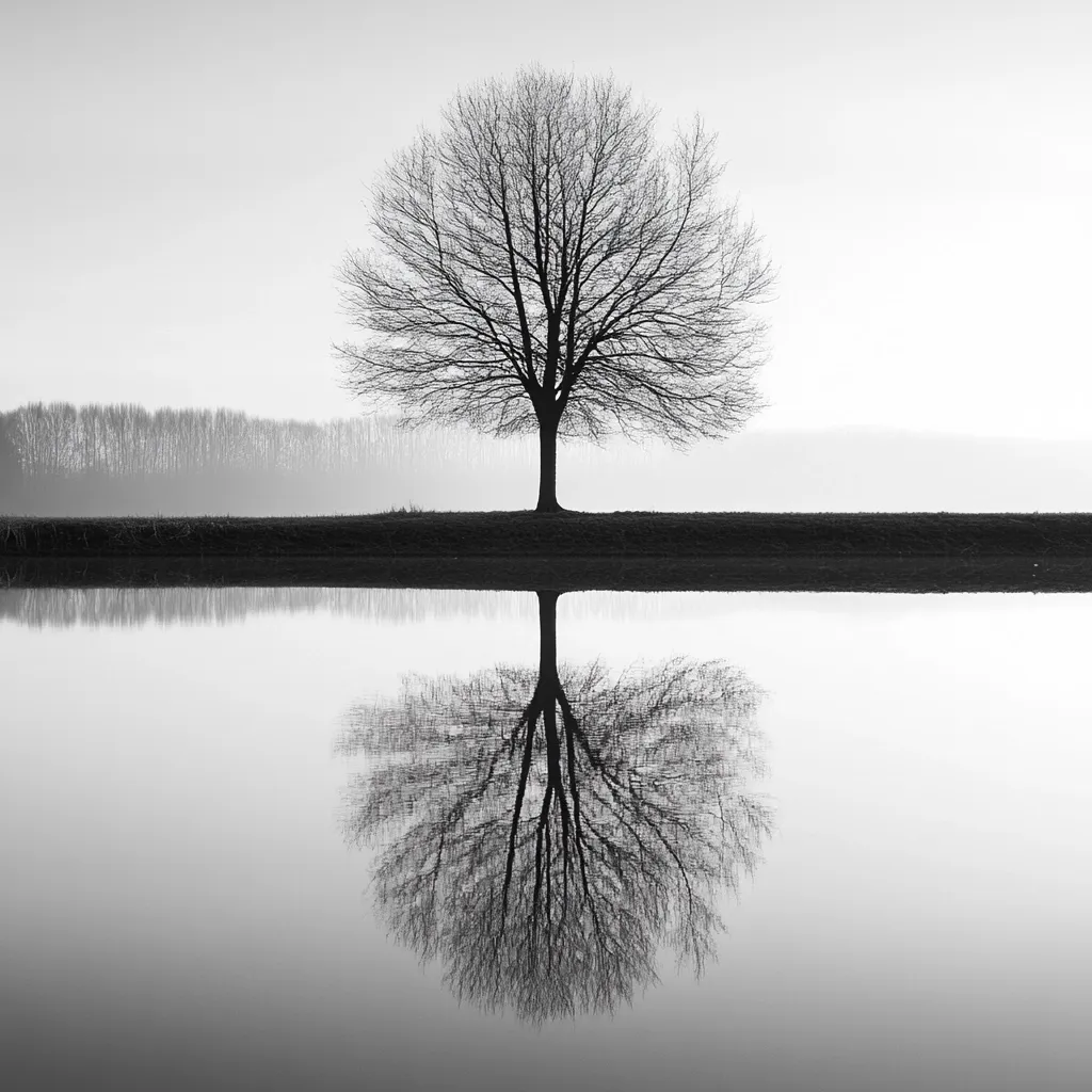 A stark black and white photograph depicts a lone, leafless tree standing on the edge of a calm body of water.  The tree's silhouette is mirrored perfectly in the still surface, creating a visually symmetrical composition. A hazy line of trees stretches across the background, adding depth to the serene, almost melancholic scene.  The overall effect is one of quiet solitude and natural reflection.