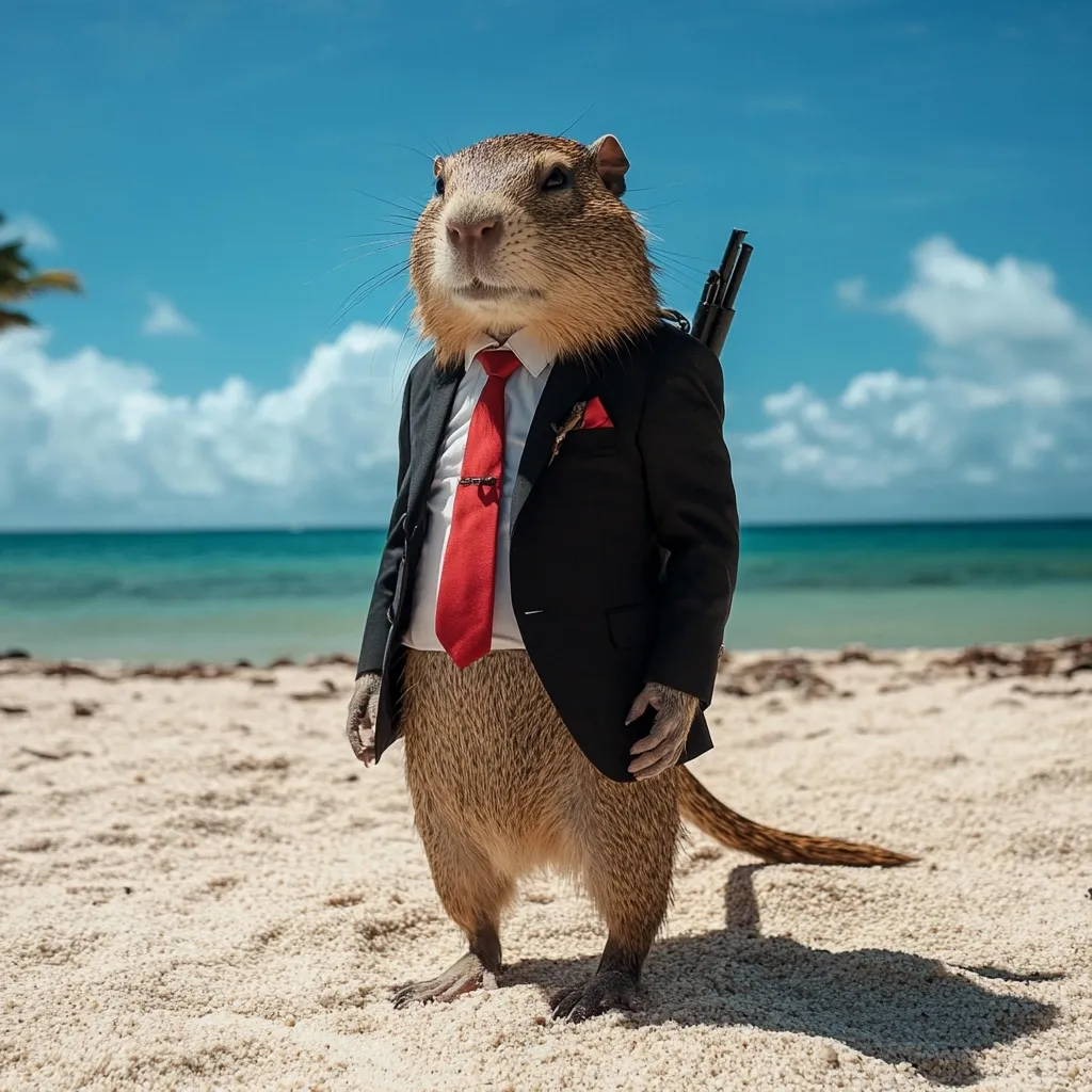 Here's a description of the image:

A whimsical image shows a rodent, possibly a capybara, dressed in a miniature black suit and red tie. It stands on a sandy beach with a turquoise ocean and blue sky in the background. A partially visible object, possibly a collapsed tripod, rests on its back. The rodent's expression is serious, creating a humorous juxtaposition between its attire and its natural habitat. The scene is brightly lit, suggesting daytime. The overall impression is one of playful surrealism.